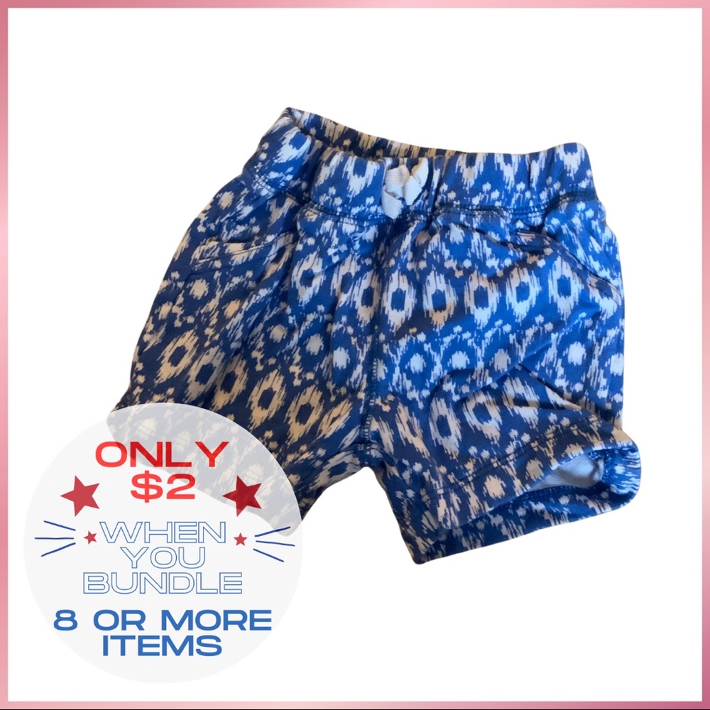 Blue and white soft shorts with elastic waistband